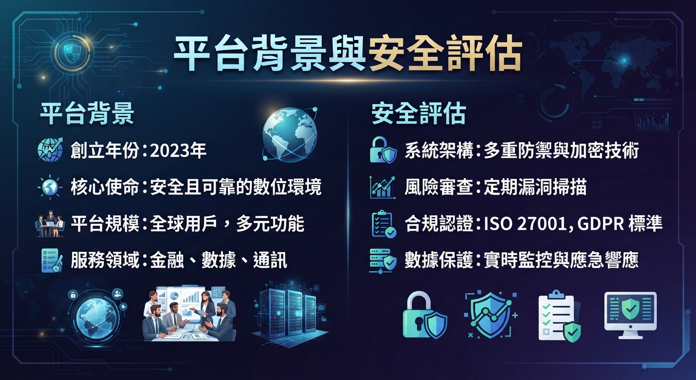 這是一張以「平台背景與安全評估」為主題的科技風簡報圖片。 畫面透過藍色數位背景與圖標,分別展示了平台背景資訊與安全防護評估的重點內容。
