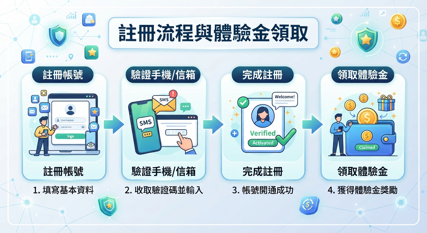 這是一張關於註冊流程與體驗金領取的資訊圖表。 畫面清楚展示了從註冊帳號、驗證到成功領取獎勵的四個步驟。